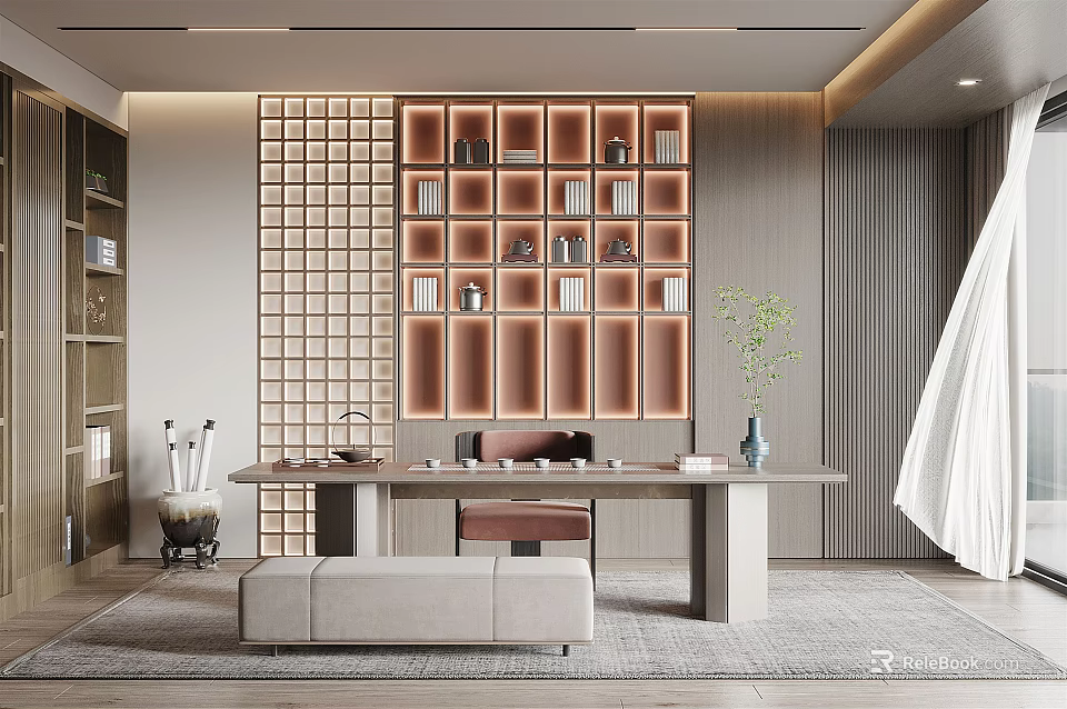 Modern Tea Room Interior Design With Grid Wall Panels Wooden Bookshelf And Rectangular Table 3d model