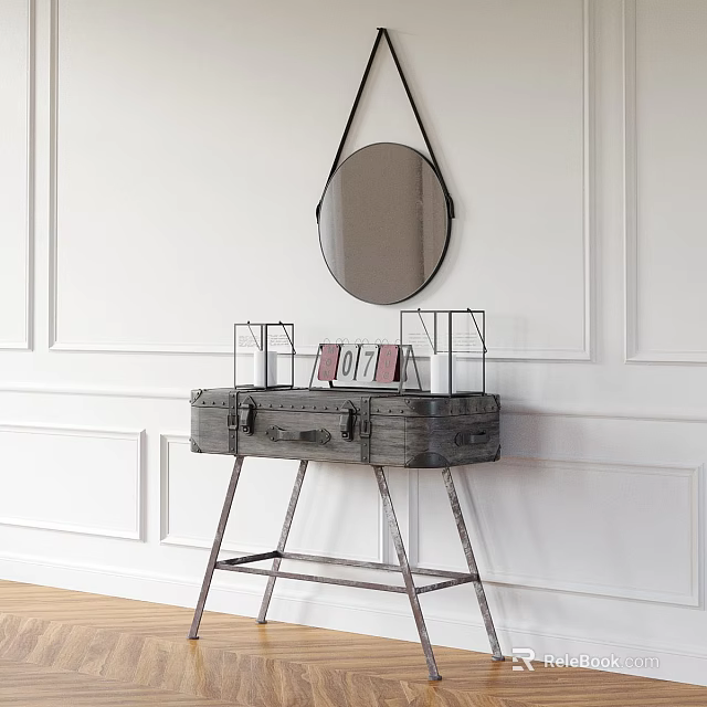 Vintage Entryway Console Table With Round Mirror Metal Legs And Decorative Items On White Wall 3d model 