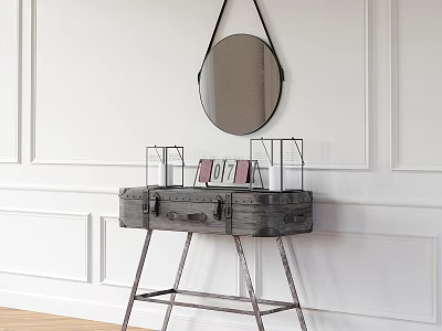 Vintage Entryway Console Table With Round Mirror Metal Legs And Decorative Items On White Wall 3d model