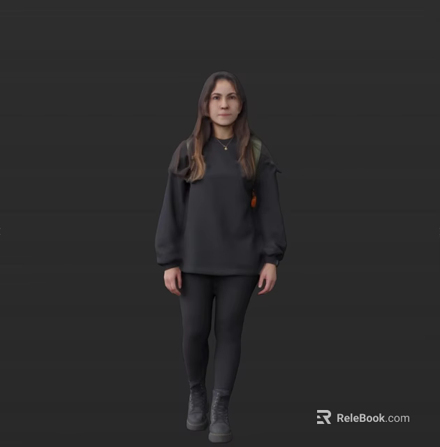 Woman In Dark Sweatshirt And Pants Standing Against Dark Background With Long Hair 3d model 