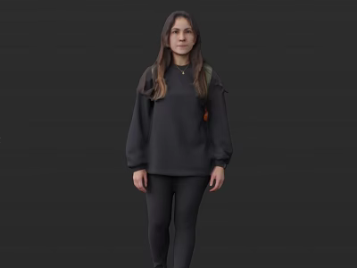 Woman In Dark Sweatshirt And Pants Standing Against Dark Background With Long Hair 3d model