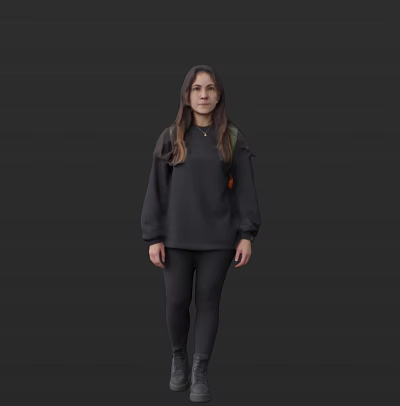 Woman In Dark Sweatshirt And Pants Standing Against Dark Background With Long Hair 3d model