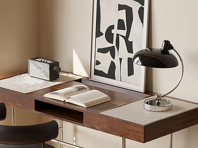 Modern Wooden Desk with Open Book Table Lamp Radio and Wall Art Painting Setup 3d model