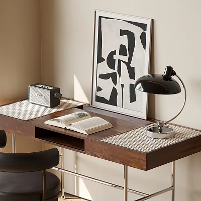 Modern Wooden Desk with Open Book Table Lamp Radio and Wall Art Painting Setup 3d model