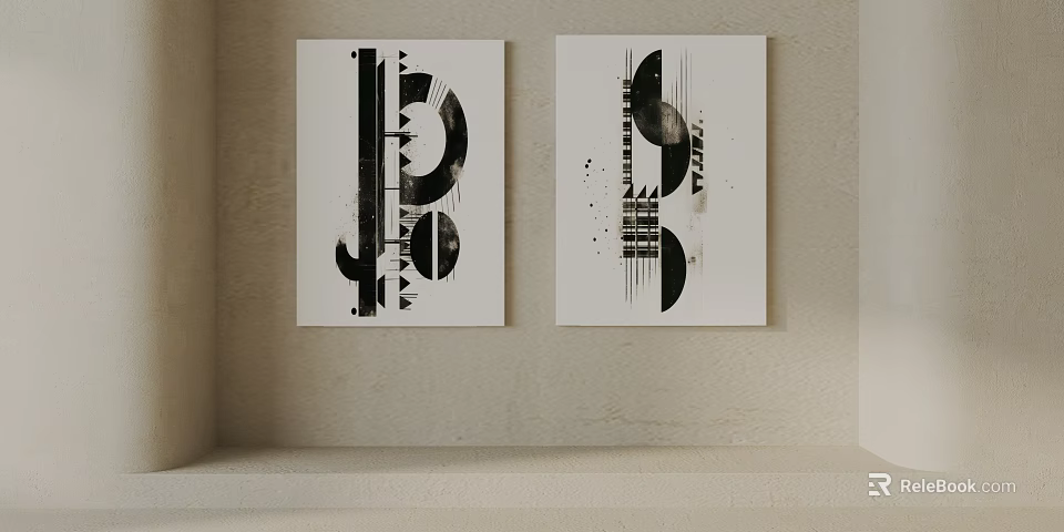 Black And White Abstract Wall Art Decor On Light Colored Wall 3d model