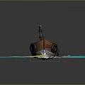 Wooden boat with tire lantern and fishing gear on blue water with yellow sunlight waves