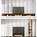 Modern TV Background Wall Design With Fireplace And White Storage Cabinets 3d model