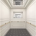 Elevator Hallway Interior with Silver Elevator Doors Wooden Walls Black Panels Indicator Lights and Buttons