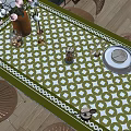 Elegant Dining Table Set With Green White Checkered Tablecloth Rattan Chairs And Decorative Tableware