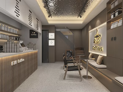 Modern Café Interior Design With Open Counter Wooden Walls And Comfortable Seating 3d model