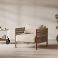 Woven Design Leisure Chair with Wooden Frame Beige Cushion and Green Plant Near Side Cart