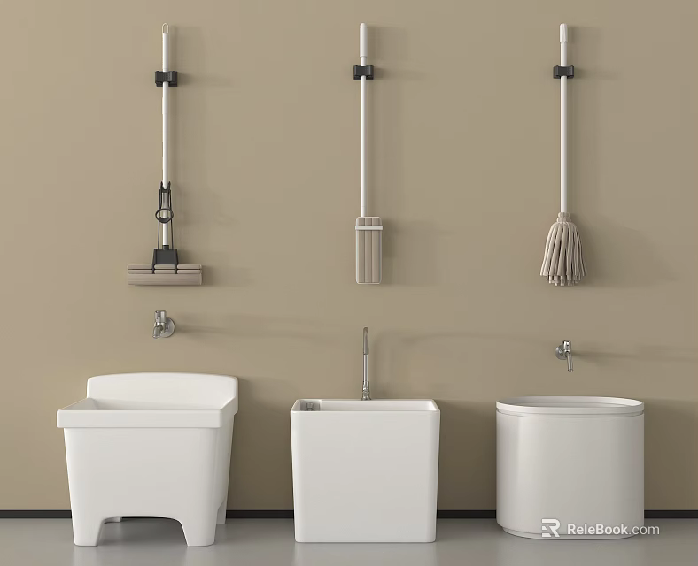 Contemporary Bathroom Accessories Featuring Wall Mounted Mop Broom Brush And White Buckets 3d model 