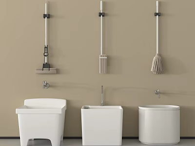 Contemporary Bathroom Accessories Featuring Wall Mounted Mop Broom Brush And White Buckets 3d model