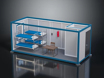 Container Dormitory Interior With Bunk Beds Table Chairs And Fire Extinguisher 3d model