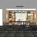 Elegant Chinese Tea Specialty Store Interior With Wooden Shelves Display Cabinets And Decorative Paintings