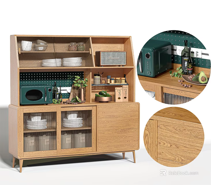 Light Wood Grain Sideboard With Open Shelves Glass Doors And Dish Storage 3d model 