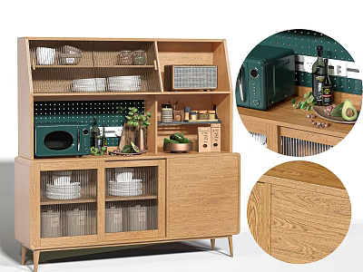 Light Wood Grain Sideboard With Open Shelves Glass Doors And Dish Storage 3d model