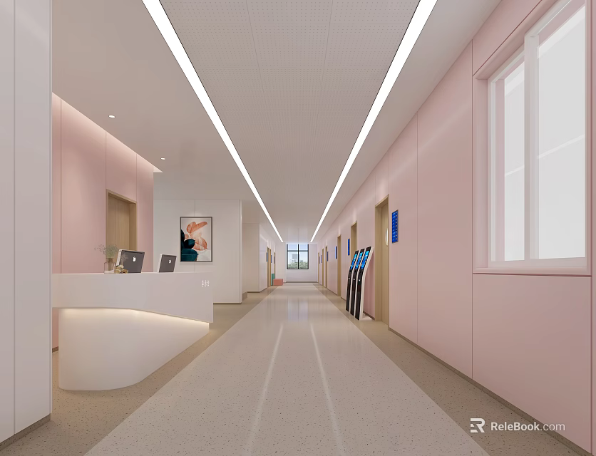 Modern Hospital Outpatient Clinic Interior With Reception Desk Pink Walls And Windows 3d model 