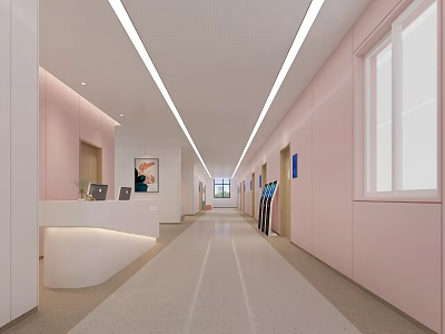 Modern Hospital Outpatient Clinic Interior With Reception Desk Pink Walls And Windows 3d model