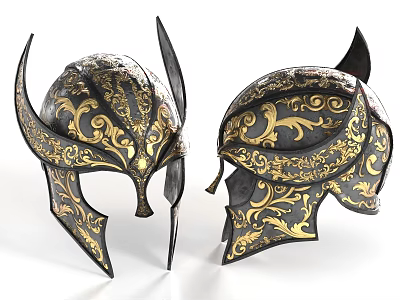 Antique Black Decorative Hat With Intricate Gold Patterns And Two Side Views 3d model