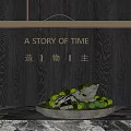 Bonsai Plant with Moss Covered Stones on Marble Countertop and Black Wooden Background