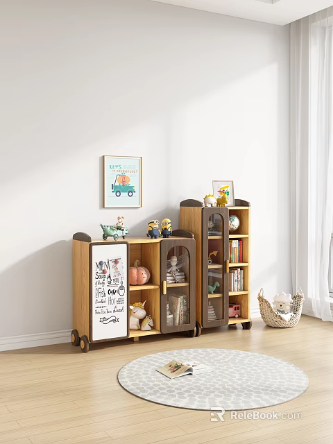 Wooden Bookcase With Wheels Small Toys Books And Decorative Items 3d model 