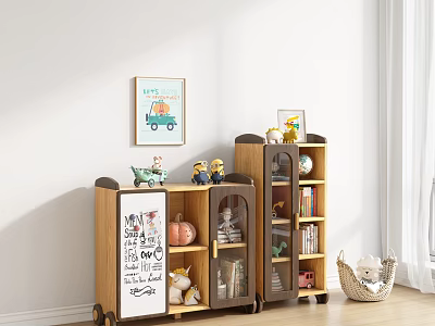 Wooden Bookcase With Wheels Small Toys Books And Decorative Items 3d model
