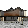 Modern Sales Office Building With Curved Roof Wooden Facade Glass Windows And Stone Paved Plaza 3d model
