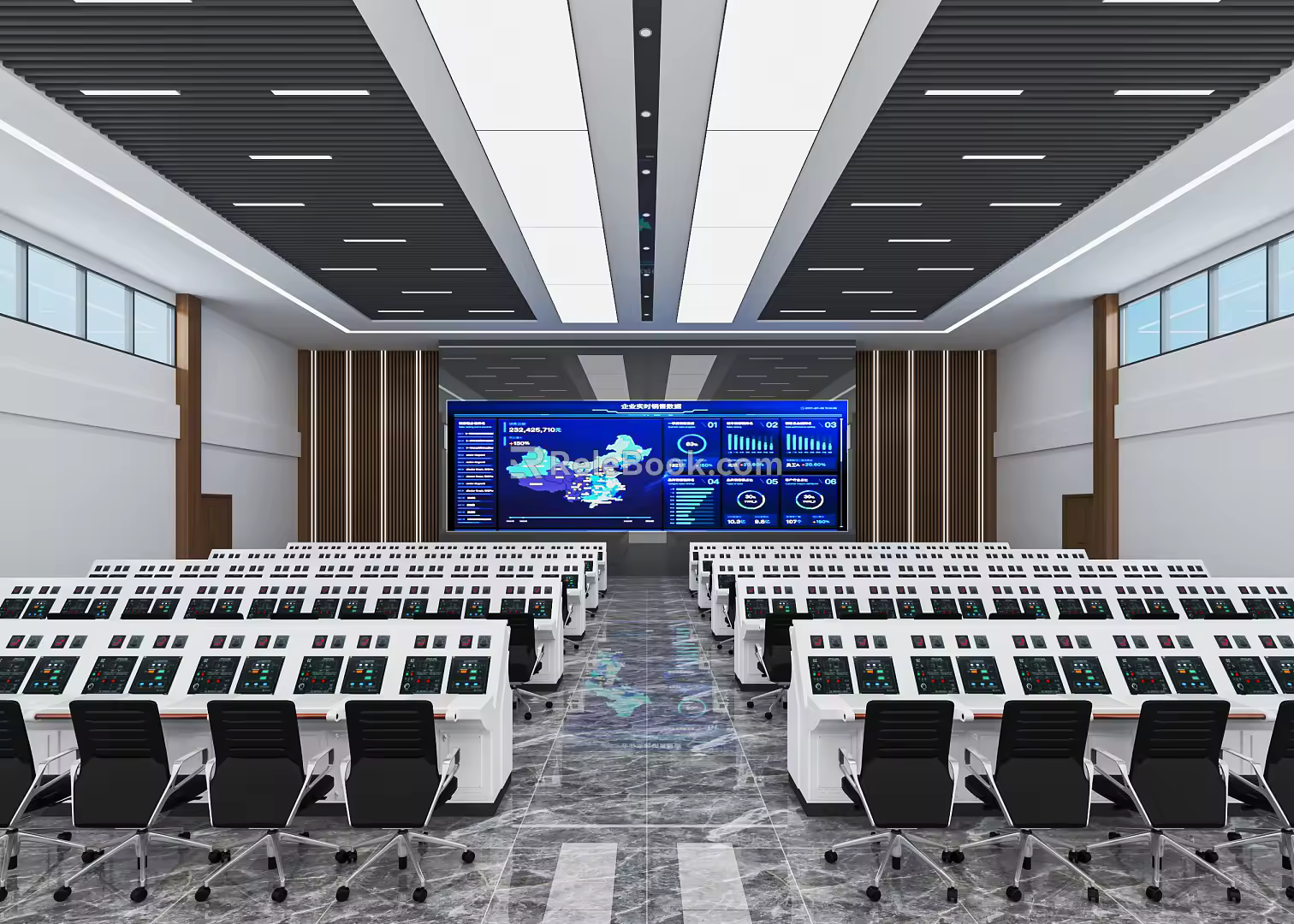 Modern monitoring room Command control room Dispatching command center Monitoring hall Command hall Office desks and chairs 3d model