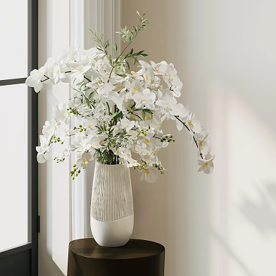 White Ribbed Vase With White Orchids On Small Table By Window With Natural Light 3d model