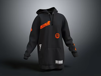 Black Long Sleeve Hoodie with Orange Accents Hooded Design Front Pocket and Logo Details 3d model