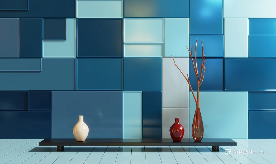 Home Decor Blue Square Wall Tiles With Three Vases White Red Brown On Black Table 3d model 