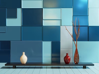 Home Decor Blue Square Wall Tiles With Three Vases White Red Brown On Black Table 3d model