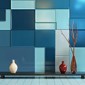 Home Decor Blue Square Wall Tiles With Three Vases White Red Brown On Black Table