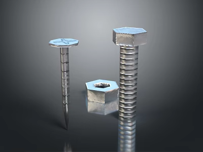 Shiny Metal Hex Head Screws And Hex Nuts On Reflective Black Surface 3d model
