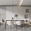 Modern Restaurant Interior With White Dining Table Chairs Pendant Lights Striped Wall And Green Plant