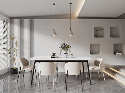 Modern Restaurant Interior With White Dining Table Chairs Pendant Lights Striped Wall And Green Plant 3d model