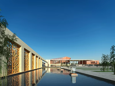 Modern School Building With Carved Walls Red Roof And Water Pool Under Blue Sky 3d model