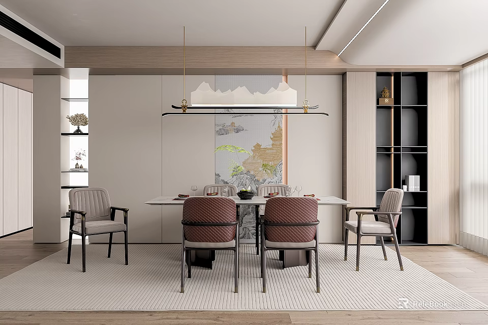 Modern Elegant Restaurant Interior With Dining Table Chairs Pendant Light And Landscape Painting 3d model 