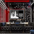 Luxurious KTV Interior Design With Black Leather Sofa And Red Ceiling Lights 3d model