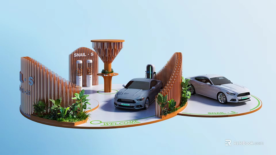 Snail's Exhibition Booth With Wooden Structure Cars Charging Stations And Green Plants 3d model 