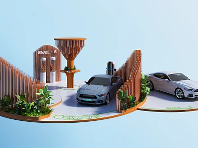 Snail's Exhibition Booth With Wooden Structure Cars Charging Stations And Green Plants 3d model