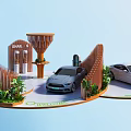 Snail's Exhibition Booth With Wooden Structure Cars Charging Stations And Green Plants