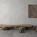Natural Wooden Tree Stump Stools With Gray Wall And Wooden Panel Decor
