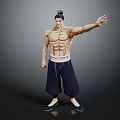 Muscular Shirtless Male Game Character with Topknot Hairstyle Dark Blue Loose Pants and Outstretched Hand 3d model