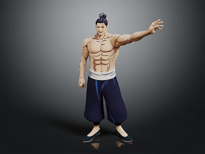 Muscular Shirtless Male Game Character with Topknot Hairstyle Dark Blue Loose Pants and Outstretched Hand 3d model