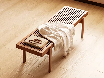 Wooden Striped Bench With White Blanket And Patterned Book On Light Floor 3d model