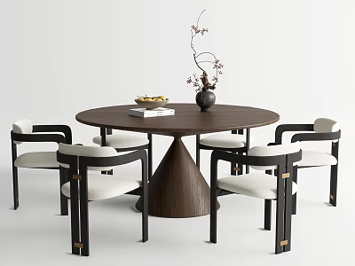 Round Walnut Dining Table Set with Four Black Framed White Cushioned Chairs and Vase 3d model