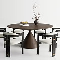 Round Walnut Dining Table Set with Four Black Framed White Cushioned Chairs and Vase 3d model