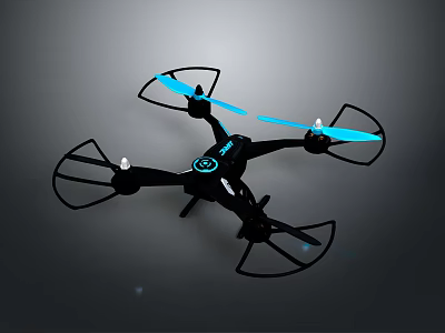 Black Drone With Four Blue Propellers And Circular Logo On Gray Background 3d model